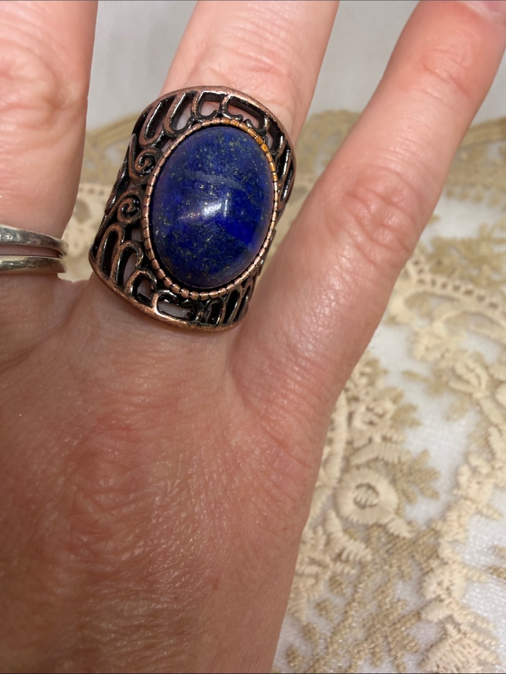 Lapis Lazuli Filigree Brass Statement Ring Curated Maximalist Communication